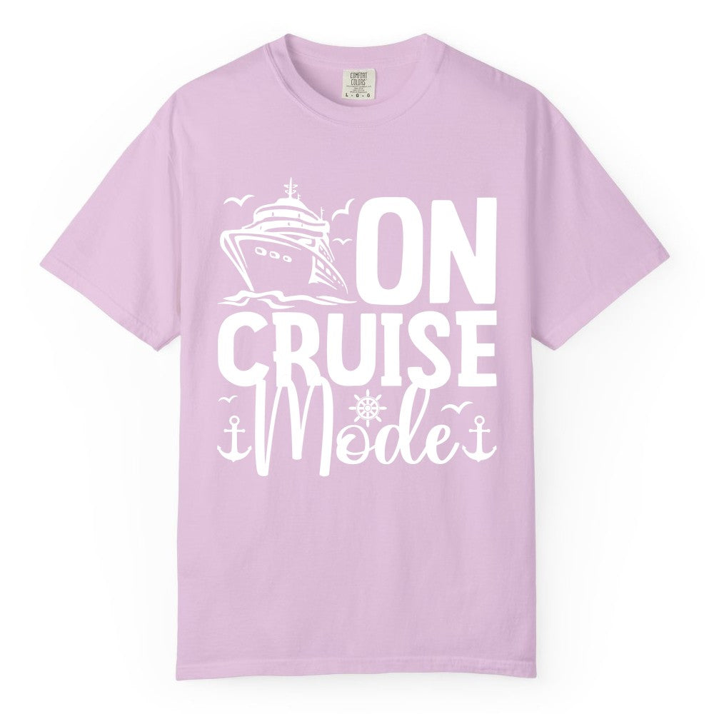 On Cruise Mode Shirt - Nautical Cruise Vacation Apparel for Travelers (Comfort Color) in Orchid - On Cruise Mode Nautical Typography Shirt with Ship Anchor Helm Icons