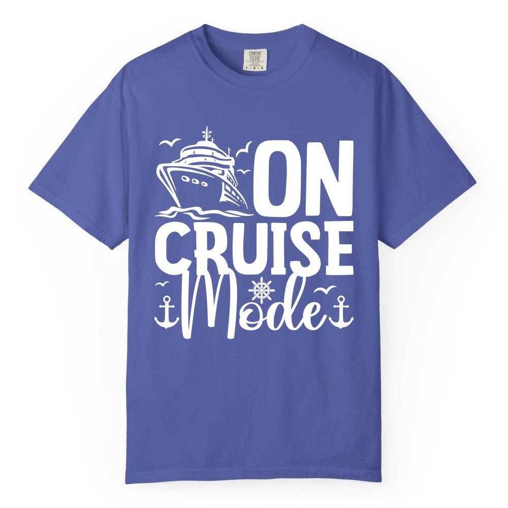 On Cruise Mode Shirt - Nautical Cruise Vacation Apparel for Travelers (Comfort Color) in Periwinkle - On Cruise Mode Nautical Typography Shirt with Ship Anchor Helm Icons