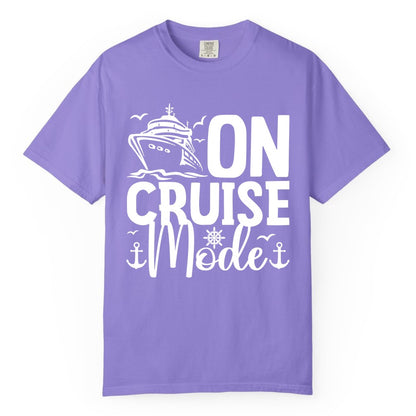 On Cruise Mode Shirt - Nautical Cruise Vacation Apparel for Travelers (Comfort Color) in Violet - On Cruise Mode Nautical Typography Shirt with Ship Anchor Helm Icons