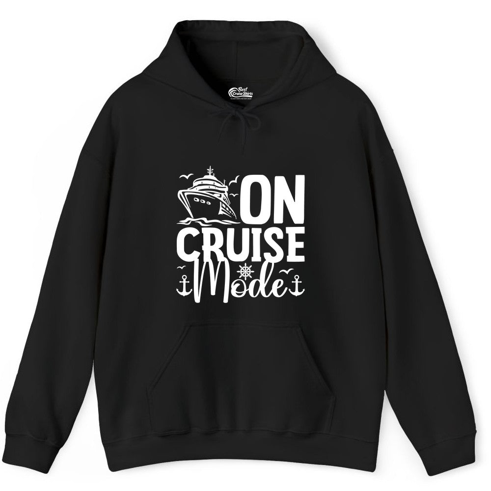 On Cruise Mode Shirt - Nautical Cruise Vacation Apparel for Travelers (Hoodie) in Black - On Cruise Mode Nautical Typography Shirt with Ship Anchor Helm Icons