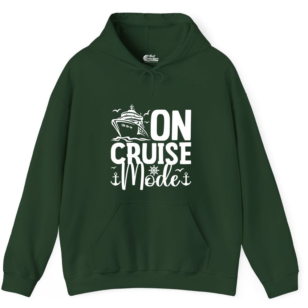 On Cruise Mode Shirt - Nautical Cruise Vacation Apparel for Travelers (Hoodie) in Forest Green - On Cruise Mode Nautical Typography Shirt with Ship Anchor Helm Icons