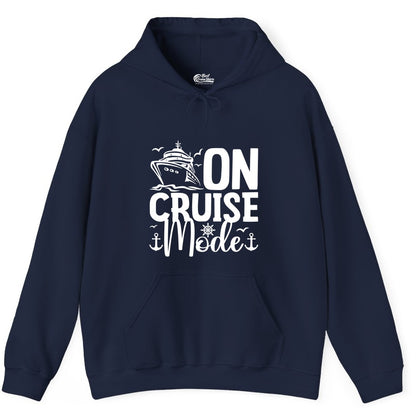 On Cruise Mode Shirt - Nautical Cruise Vacation Apparel for Travelers (Hoodie) in Navy - On Cruise Mode Nautical Typography Shirt with Ship Anchor Helm Icons
