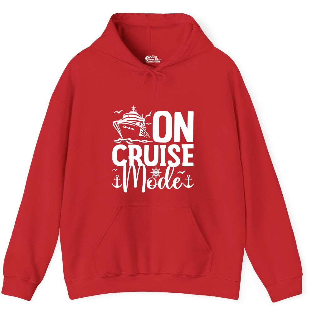 On Cruise Mode Shirt - Nautical Cruise Vacation Apparel for Travelers (Hoodie) in Red - On Cruise Mode Nautical Typography Shirt with Ship Anchor Helm Icons