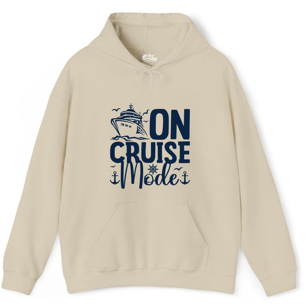 On Cruise Mode Shirt - Nautical Cruise Vacation Apparel for Travelers (Hoodie) in Sand - On Cruise Mode Nautical Typography Shirt with Ship Anchor Helm Icons