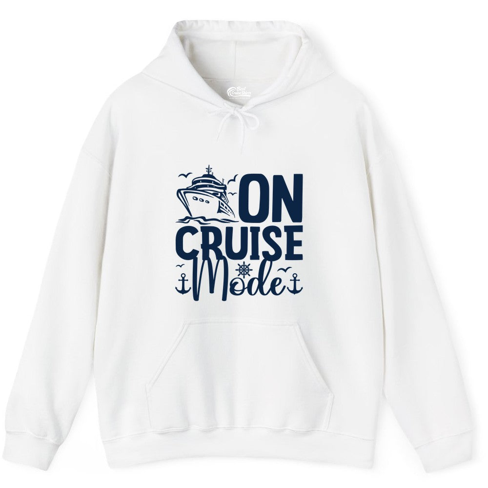 On Cruise Mode Shirt - Nautical Cruise Vacation Apparel for Travelers (Hoodie) in White - On Cruise Mode Nautical Typography Shirt with Ship Anchor Helm Icons