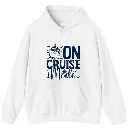 On Cruise Mode Shirt - Nautical Cruise Vacation Apparel for Travelers (Hoodie) in White - On Cruise Mode Nautical Typography Shirt with Ship Anchor Helm Icons
