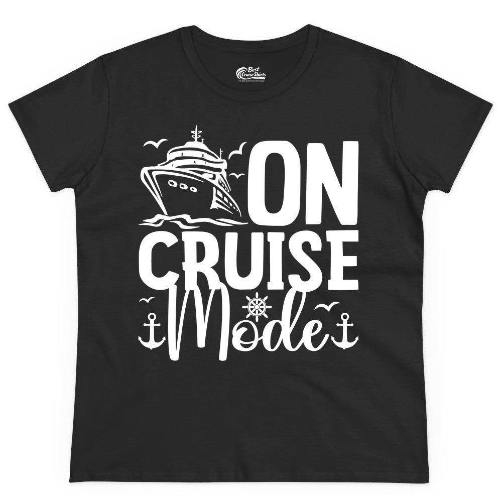 On Cruise Mode Shirt - Nautical Cruise Vacation Apparel for Travelers (Ladies Tee) in Black - On Cruise Mode Nautical Typography Shirt with Ship Anchor Helm Icons