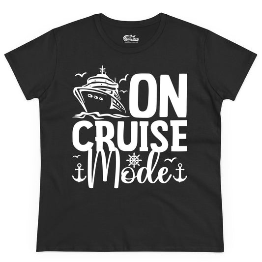 On Cruise Mode Shirt - Nautical Cruise Vacation Apparel for Travelers (Ladies Tee) in Black - On Cruise Mode Nautical Typography Shirt with Ship Anchor Helm Icons