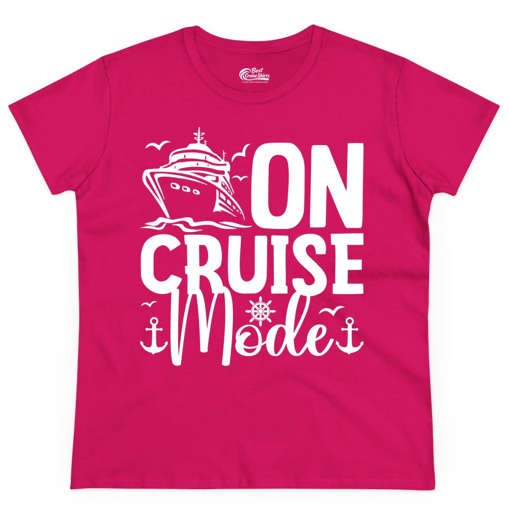 On Cruise Mode Shirt - Nautical Cruise Vacation Apparel for Travelers (Ladies Tee) in Heliconia - On Cruise Mode Nautical Typography Shirt with Ship Anchor Helm Icons