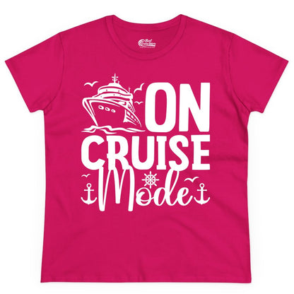 On Cruise Mode Shirt - Nautical Cruise Vacation Apparel for Travelers (Ladies Tee) in Heliconia - On Cruise Mode Nautical Typography Shirt with Ship Anchor Helm Icons