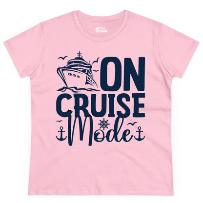 On Cruise Mode Shirt - Nautical Cruise Vacation Apparel for Travelers (Ladies Tee) in Light Pink - On Cruise Mode Nautical Typography Shirt with Ship Anchor Helm Icons