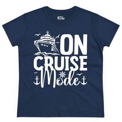 On Cruise Mode Shirt - Nautical Cruise Vacation Apparel for Travelers (Ladies Tee) in Navy - On Cruise Mode Nautical Typography Shirt with Ship Anchor Helm Icons