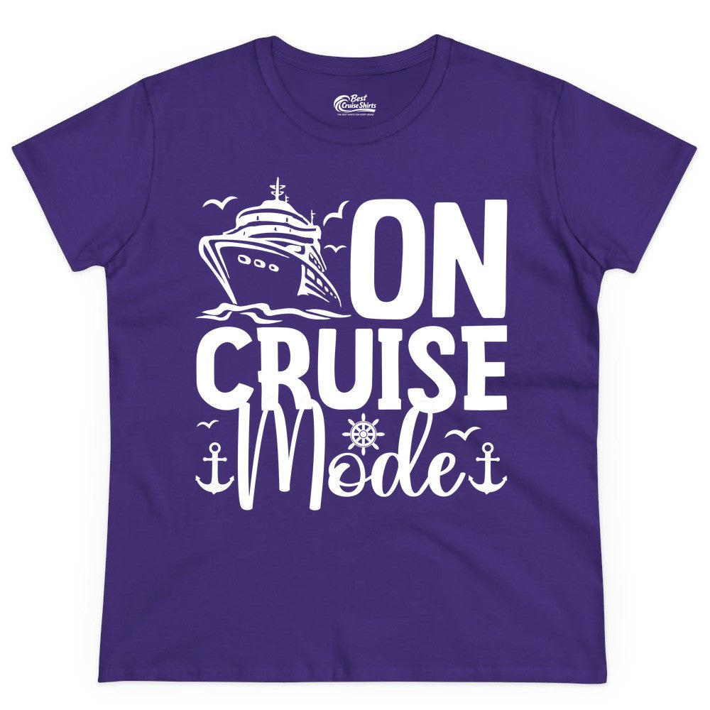 On Cruise Mode Shirt - Nautical Cruise Vacation Apparel for Travelers (Ladies Tee) in Purple - On Cruise Mode Nautical Typography Shirt with Ship Anchor Helm Icons