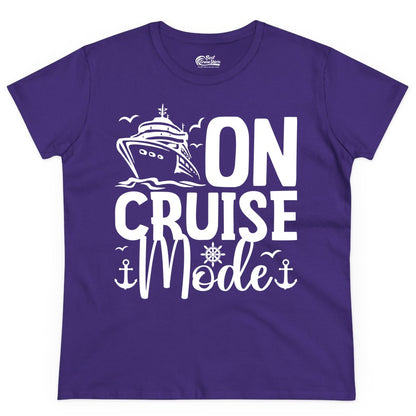 On Cruise Mode Shirt - Nautical Cruise Vacation Apparel for Travelers (Ladies Tee) in Purple - On Cruise Mode Nautical Typography Shirt with Ship Anchor Helm Icons