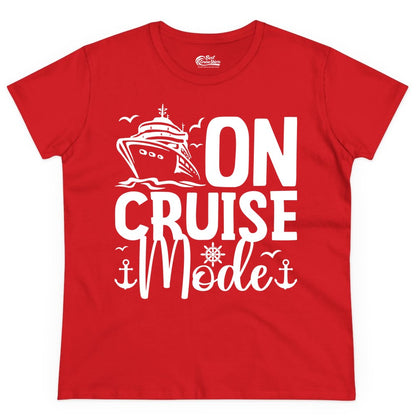 On Cruise Mode Shirt - Nautical Cruise Vacation Apparel for Travelers (Ladies Tee) in Red - On Cruise Mode Nautical Typography Shirt with Ship Anchor Helm Icons