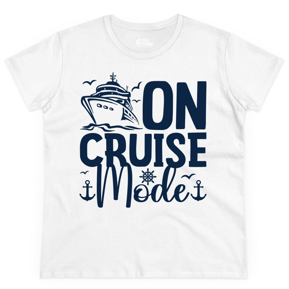 On Cruise Mode Shirt - Nautical Cruise Vacation Apparel for Travelers (Ladies Tee) in White - On Cruise Mode Nautical Typography Shirt with Ship Anchor Helm Icons