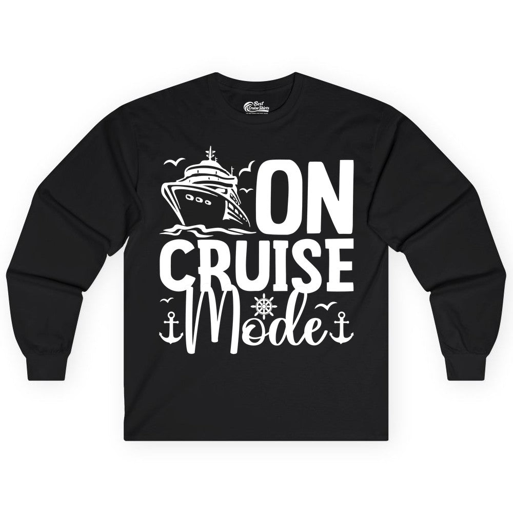 On Cruise Mode Shirt - Nautical Cruise Vacation Apparel for Travelers (Long Sleeve) in Black - On Cruise Mode Nautical Typography Shirt with Ship Anchor Helm Icons