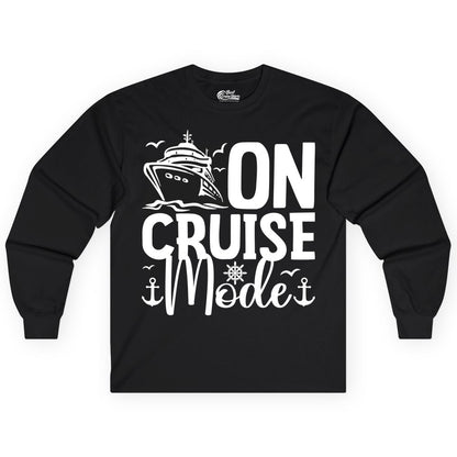 On Cruise Mode Shirt - Nautical Cruise Vacation Apparel for Travelers (Long Sleeve) in Black - On Cruise Mode Nautical Typography Shirt with Ship Anchor Helm Icons