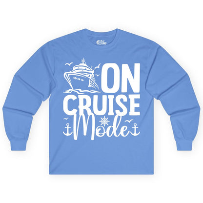 On Cruise Mode Shirt - Nautical Cruise Vacation Apparel for Travelers (Long Sleeve) in Carolina Blue - On Cruise Mode Nautical Typography Shirt with Ship Anchor Helm Icons