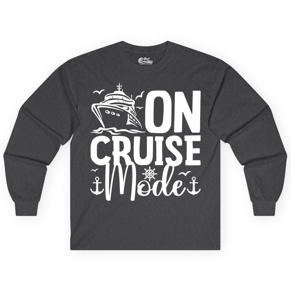 On Cruise Mode Shirt - Nautical Cruise Vacation Apparel for Travelers (Long Sleeve) in Dark Heather - On Cruise Mode Nautical Typography Shirt with Ship Anchor Helm Icons