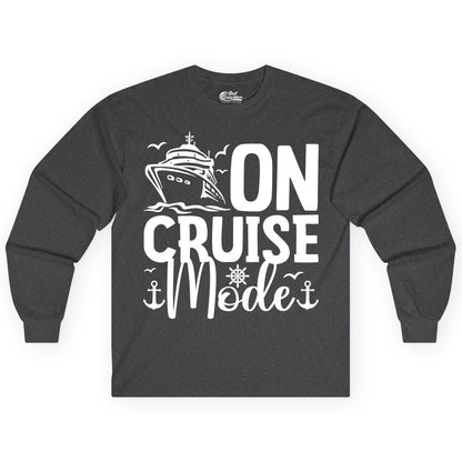 On Cruise Mode Shirt - Nautical Cruise Vacation Apparel for Travelers (Long Sleeve) in Dark Heather - On Cruise Mode Nautical Typography Shirt with Ship Anchor Helm Icons