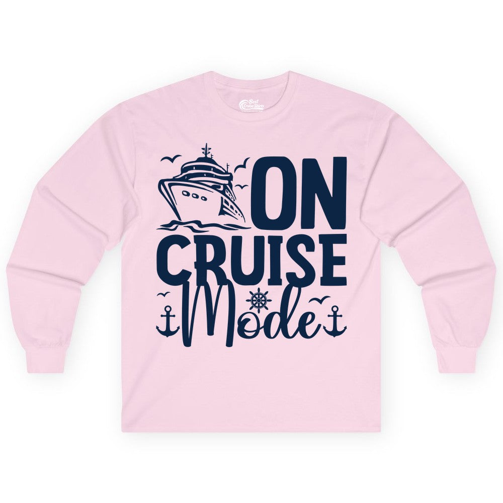 On Cruise Mode Shirt - Nautical Cruise Vacation Apparel for Travelers (Long Sleeve) in Light Pink - On Cruise Mode Nautical Typography Shirt with Ship Anchor Helm Icons