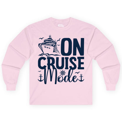 On Cruise Mode Shirt - Nautical Cruise Vacation Apparel for Travelers (Long Sleeve) in Light Pink - On Cruise Mode Nautical Typography Shirt with Ship Anchor Helm Icons