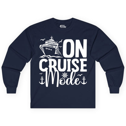 On Cruise Mode Shirt - Nautical Cruise Vacation Apparel for Travelers (Long Sleeve) in Navy - On Cruise Mode Nautical Typography Shirt with Ship Anchor Helm Icons