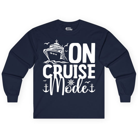 On Cruise Mode Shirt - Nautical Cruise Vacation Apparel for Travelers (Long Sleeve) in Navy - On Cruise Mode Nautical Typography Shirt with Ship Anchor Helm Icons