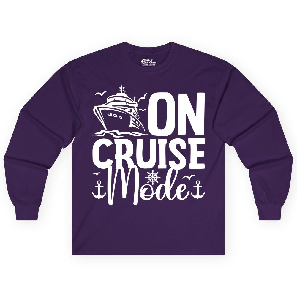 On Cruise Mode Shirt - Nautical Cruise Vacation Apparel for Travelers (Long Sleeve) in Purple - On Cruise Mode Nautical Typography Shirt with Ship Anchor Helm Icons