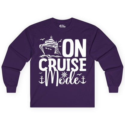 On Cruise Mode Shirt - Nautical Cruise Vacation Apparel for Travelers (Long Sleeve) in Purple - On Cruise Mode Nautical Typography Shirt with Ship Anchor Helm Icons