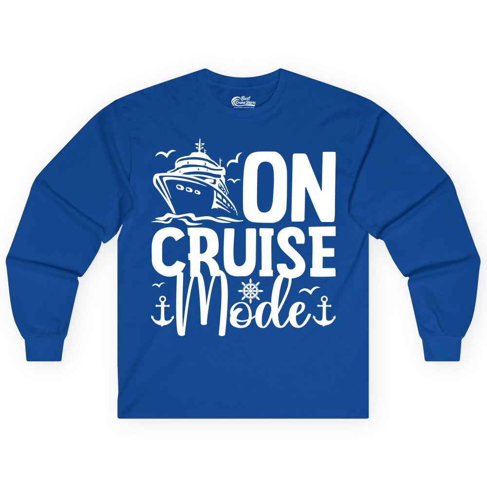 On Cruise Mode Shirt - Nautical Cruise Vacation Apparel for Travelers (Long Sleeve) in Royal - On Cruise Mode Nautical Typography Shirt with Ship Anchor Helm Icons