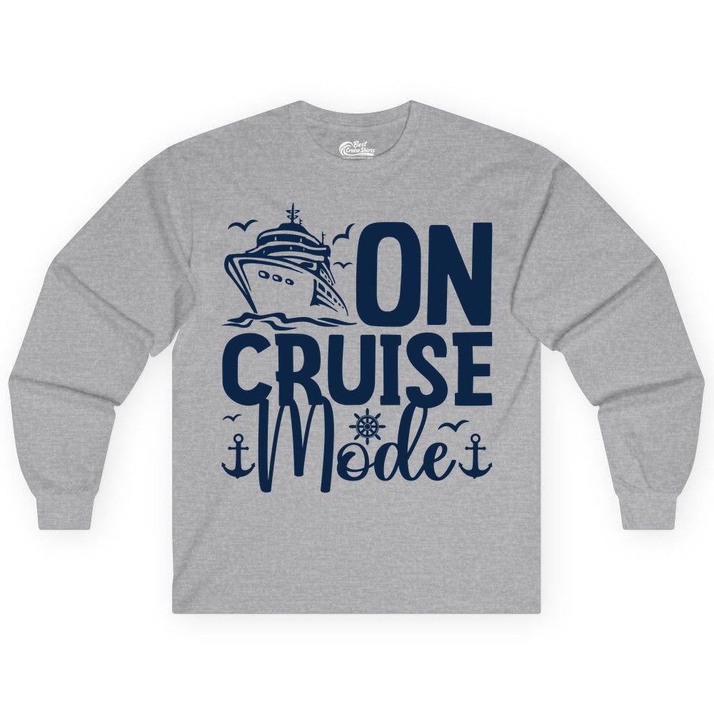 On Cruise Mode Shirt - Nautical Cruise Vacation Apparel for Travelers (Long Sleeve) in Sport Grey - On Cruise Mode Nautical Typography Shirt with Ship Anchor Helm Icons