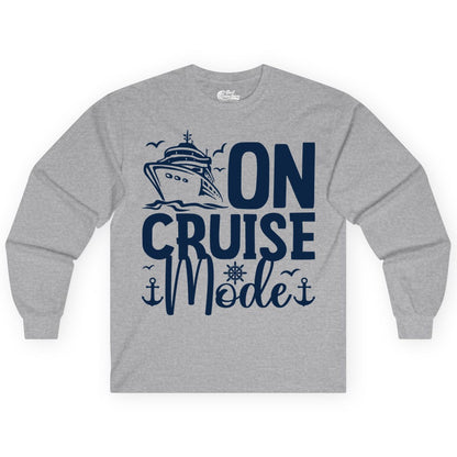 On Cruise Mode Shirt - Nautical Cruise Vacation Apparel for Travelers (Long Sleeve) in Sport Grey - On Cruise Mode Nautical Typography Shirt with Ship Anchor Helm Icons