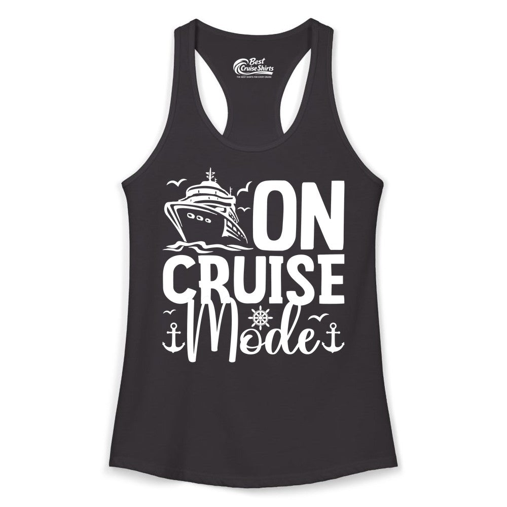 On Cruise Mode Shirt - Nautical Cruise Vacation Apparel for Travelers (Ladies Tank) in Black - On Cruise Mode Nautical Typography Shirt with Ship Anchor Helm Icons