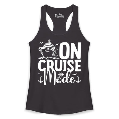 On Cruise Mode Shirt - Nautical Cruise Vacation Apparel for Travelers (Ladies Tank) in Black - On Cruise Mode Nautical Typography Shirt with Ship Anchor Helm Icons