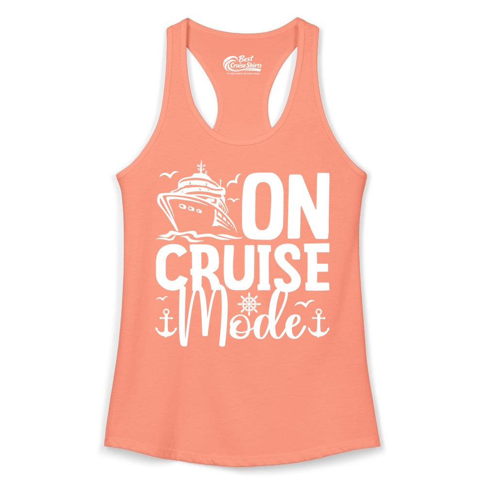 On Cruise Mode Shirt - Nautical Cruise Vacation Apparel for Travelers (Ladies Tank) in Solid Light Orange - On Cruise Mode Nautical Typography Shirt with Ship Anchor Helm Icons