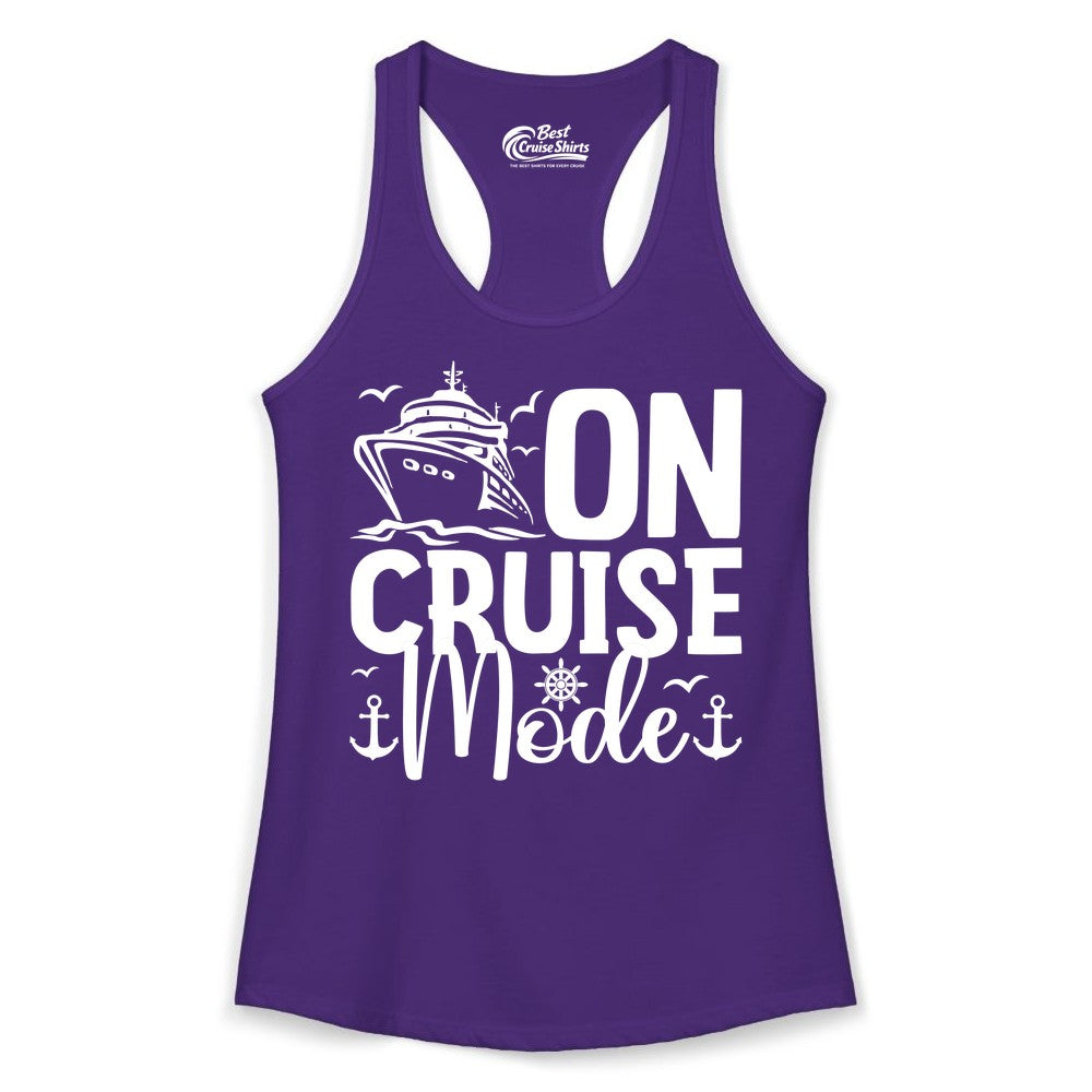 On Cruise Mode Shirt - Nautical Cruise Vacation Apparel for Travelers (Ladies Tank) in Solid Purple Rush - On Cruise Mode Nautical Typography Shirt with Ship Anchor Helm Icons