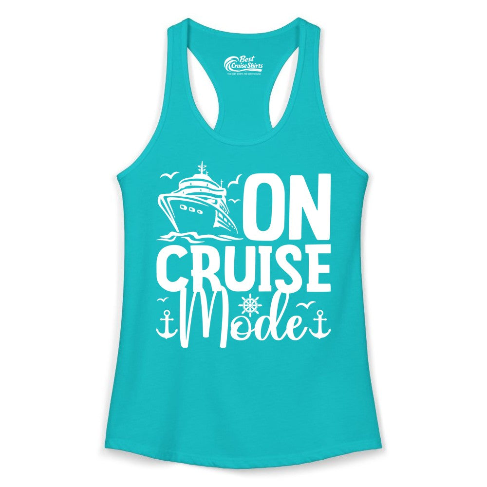 On Cruise Mode Shirt - Nautical Cruise Vacation Apparel for Travelers (Ladies Tank) in Tahiti Blue - On Cruise Mode Nautical Typography Shirt with Ship Anchor Helm Icons