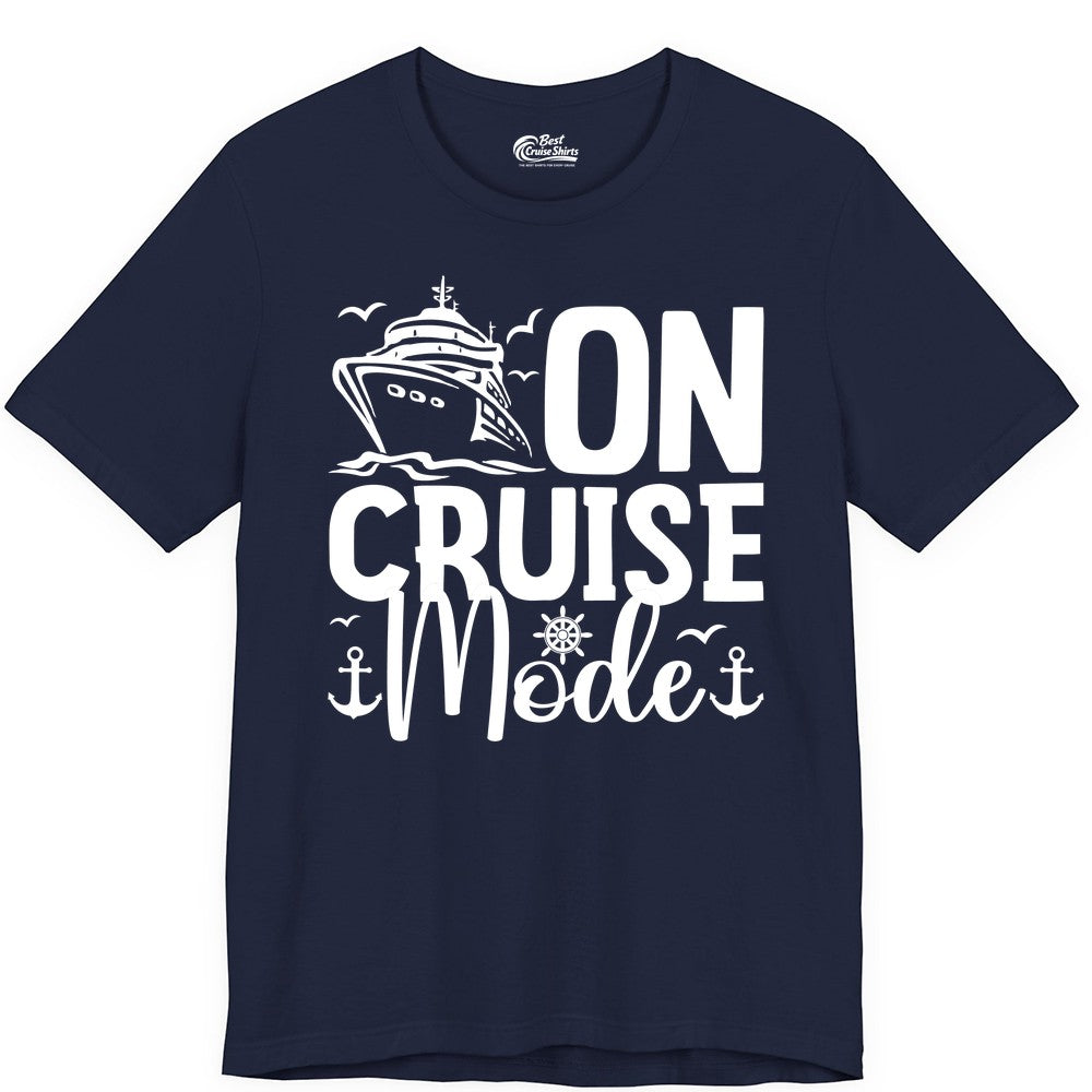 On Cruise Mode Shirt - Nautical Cruise Vacation Apparel for Travelers (Premium Tee) in Navy - On Cruise Mode Nautical Typography Shirt with Ship Anchor Helm Icons