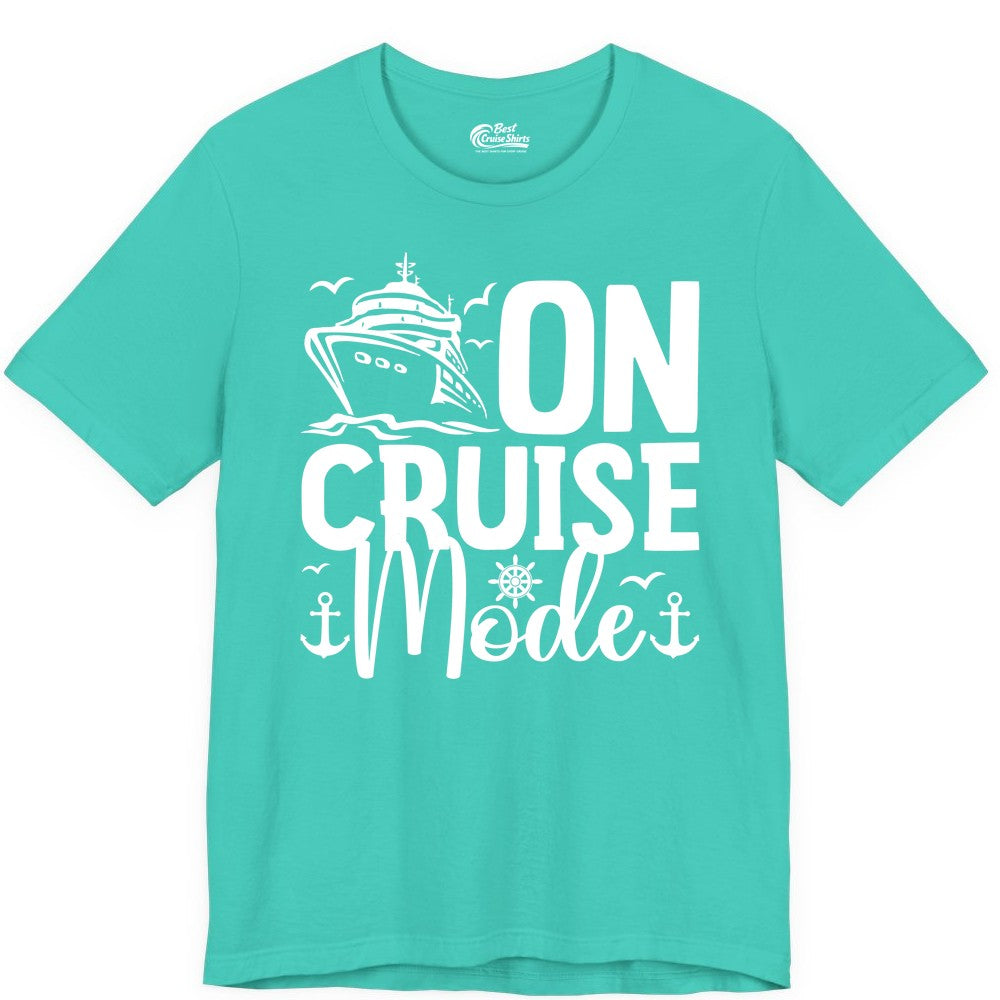 On Cruise Mode Shirt - Nautical Cruise Vacation Apparel for Travelers (Premium Tee) in Teal - On Cruise Mode Nautical Typography Shirt with Ship Anchor Helm Icons