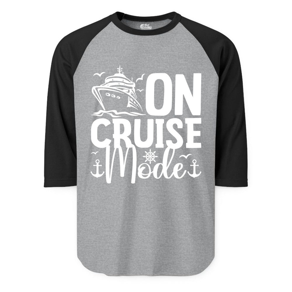 On Cruise Mode Shirt - Nautical Cruise Vacation Apparel for Travelers (Raglan) in Heather GreyBlack - On Cruise Mode Nautical Typography Shirt with Ship Anchor Helm Icons