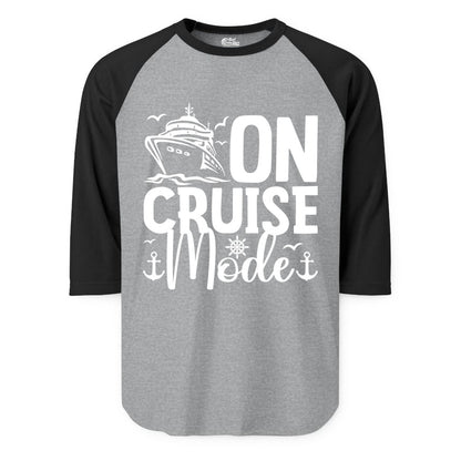 On Cruise Mode Shirt - Nautical Cruise Vacation Apparel for Travelers (Raglan) in Heather GreyBlack - On Cruise Mode Nautical Typography Shirt with Ship Anchor Helm Icons