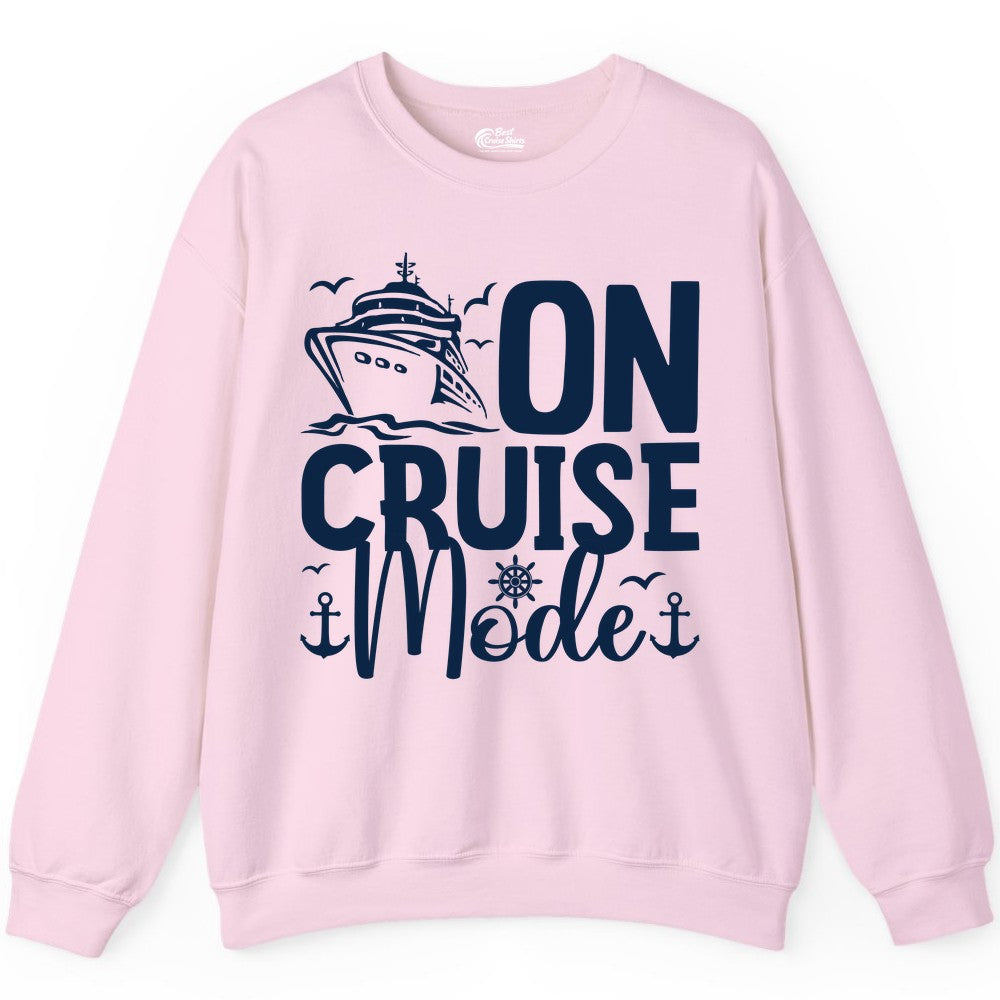 On Cruise Mode Shirt - Nautical Cruise Vacation Apparel for Travelers (Sweatshirt) in Light Pink - On Cruise Mode Nautical Typography Shirt with Ship Anchor Helm Icons