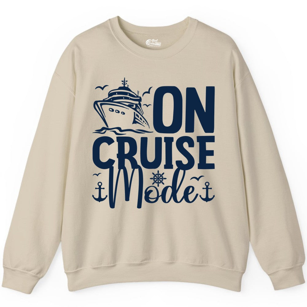 On Cruise Mode Shirt - Nautical Cruise Vacation Apparel for Travelers (Sweatshirt) in Sand - On Cruise Mode Nautical Typography Shirt with Ship Anchor Helm Icons