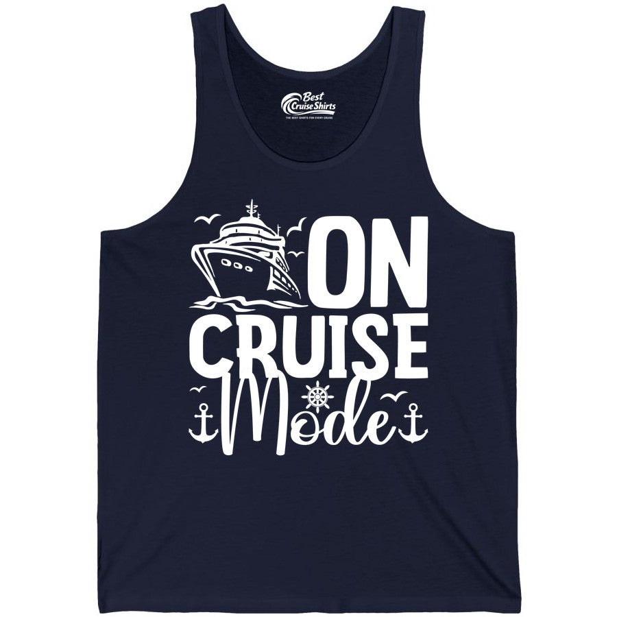 On Cruise Mode Shirt - Nautical Cruise Vacation Apparel for Travelers (Tank Top) in Navy - On Cruise Mode Nautical Typography Shirt with Ship Anchor Helm Icons