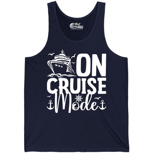 On Cruise Mode Shirt - Nautical Cruise Vacation Apparel for Travelers (Tank Top) in Navy - On Cruise Mode Nautical Typography Shirt with Ship Anchor Helm Icons