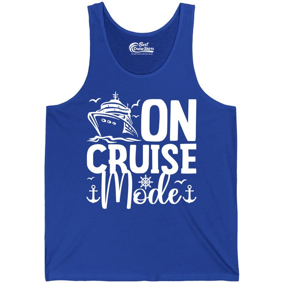 On Cruise Mode Shirt - Nautical Cruise Vacation Apparel for Travelers (Tank Top) in True Royal - On Cruise Mode Nautical Typography Shirt with Ship Anchor Helm Icons