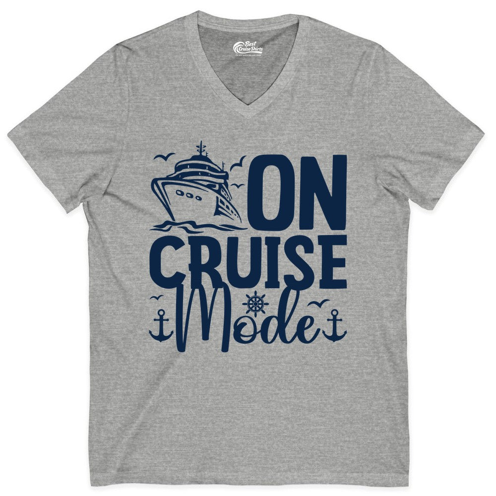 On Cruise Mode Shirt - Nautical Cruise Vacation Apparel for Travelers (V-Neck) in Athletic Heather - On Cruise Mode Nautical Typography Shirt with Ship Anchor Helm Icons