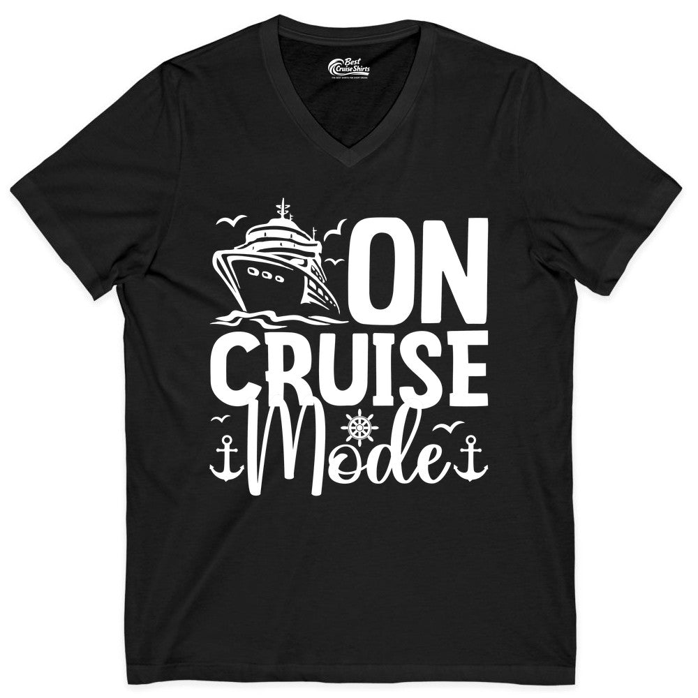 On Cruise Mode Shirt - Nautical Cruise Vacation Apparel for Travelers (V-Neck) in Black - On Cruise Mode Nautical Typography Shirt with Ship Anchor Helm Icons